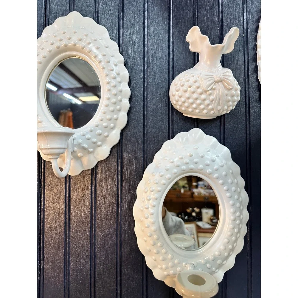 Hobnail Wall Decor Set Mirror Sconce Butterfly Basket White 9 Piece Set